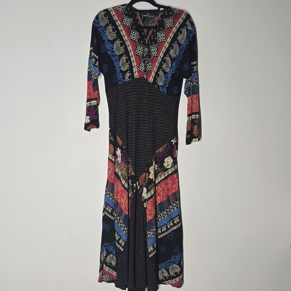 Carole Little Vintage Boho Maxi Dress Mixed Print Long Sleeve M‎